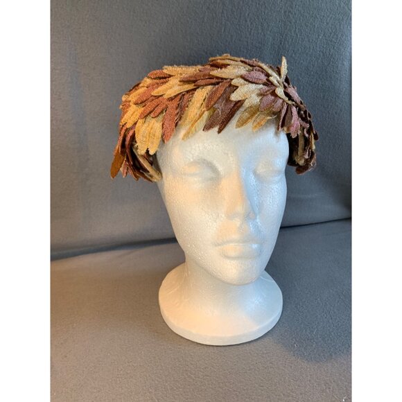 Ladies Tan and Taupe Leaves Hat with Velvet Trim Sz 22 Vintage - Picture 6 of 8